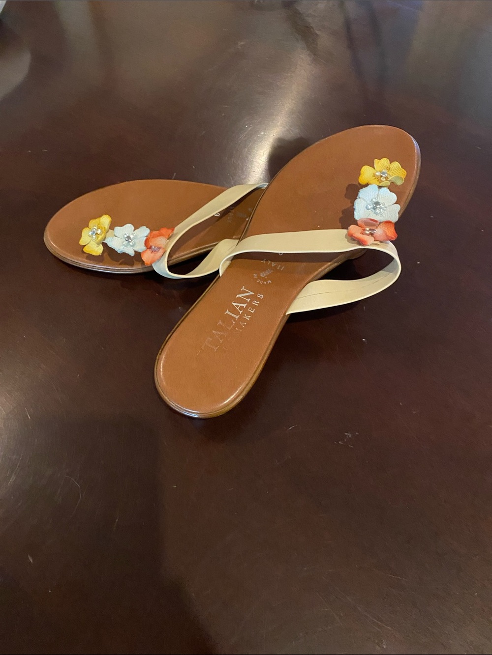 Beige Floral-Accent Leather Flip Sandals